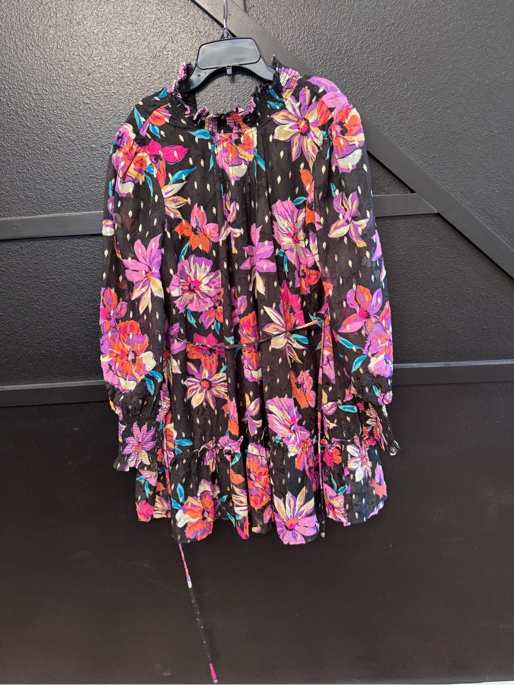Girls' Black Floral Tiered Long-Sleeve Dress